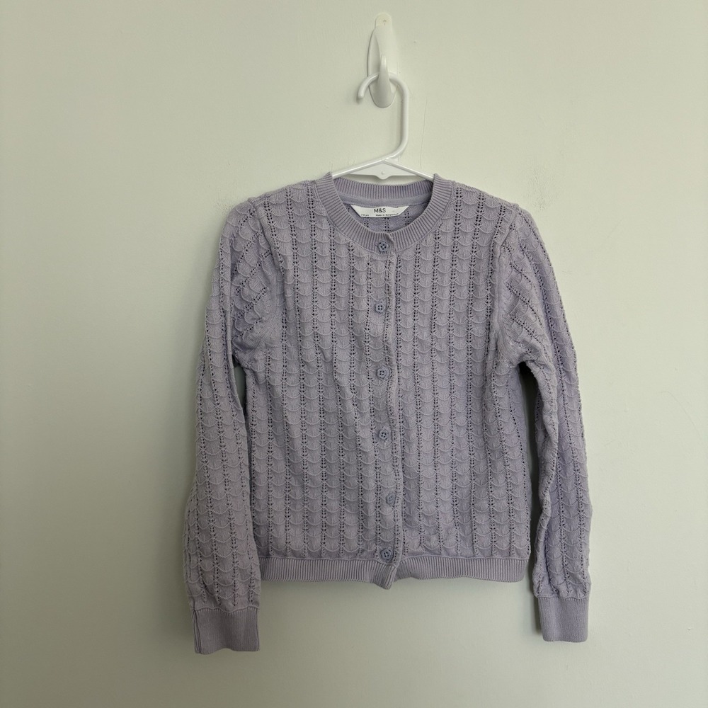 M&S Girls Cardigan 7 Years Light Lilac Lightweight Flower Buttons 100% Cotton